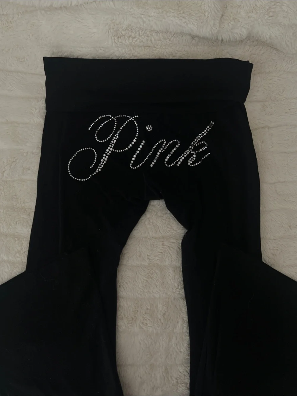 Y2K PINK Victoria's Secret Black Foldover Leggings with Rhinestones on butt